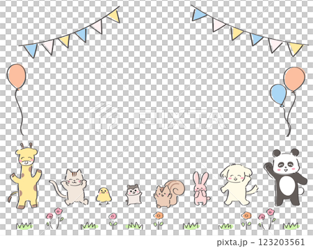 かわいい手描きの動物の誕生日フレーム 横型 かわいい手描きの動物の誕生日フレーム 横型 123203561