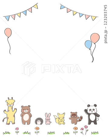 かわいい動物たちのお祝いフレーム　縦型　キリン　くま　ハリネズミ　うさぎ　たぬき　狐　パンダ 123203745