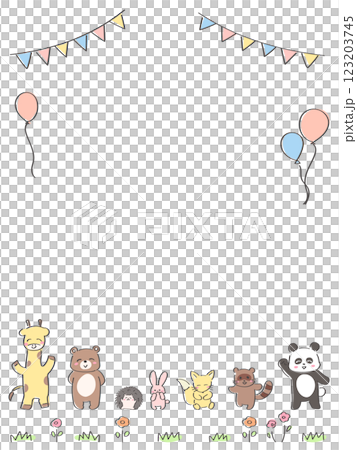 Cute animal celebration frame vertical type giraffe, bear, hedgehog, rabbit, raccoon, fox, panda 123203745
