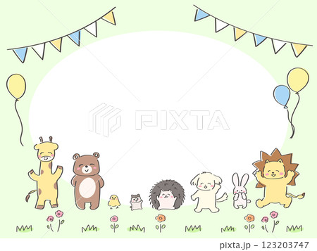 かわいい手描きの動物の誕生日カード　横型　グリーン 123203747