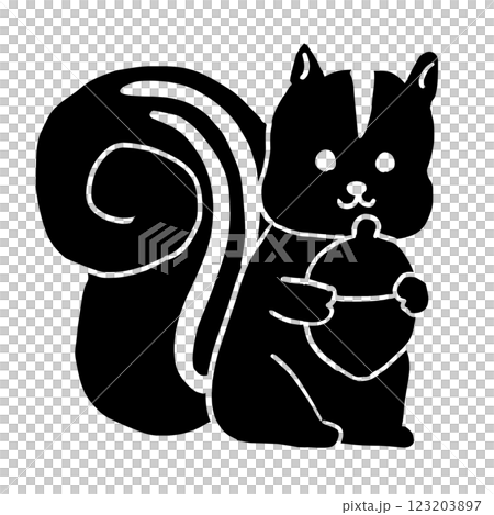 印刷風格的手繪單色插圖，描繪的是拿著橡子的松鼠 123203897