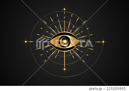 Gold Eye of Providence, Sacred Spiral, Masonic symbol. All seeing eye, Mystical logo icon in boho style, golden luxury design alchemy element, vector illustration isolated on black background 123203935