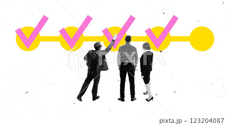 Composite image. Three business professionals analyzing yellow timeline with pink checkmarks against white background. 123204087