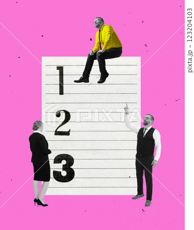 Composite image. Three business professionals, dressed formal attire, interacting with numbered list on pink background. Concept of business planning. 123204103
