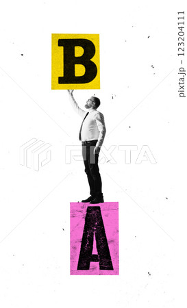 Composite image. Strategic thinking. Businessman standing on pink letter A while placing yellow letter B above, as. Composite image. Strategic thinking. Businessman standing on pink letter A while placing yellow letter B above, as. 123204111