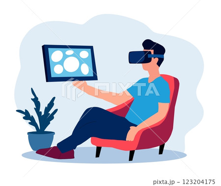 Vector illustration of a man wearing a VR headset, sitting in a chair and exploring virtual reality. Modern technology, gaming, and futuristic experience concept Vector illustration of a man wearing a VR headset, sitting in a chair and exploring virtual reality. Modern technology, gaming, and futuristic experience concept 123204175