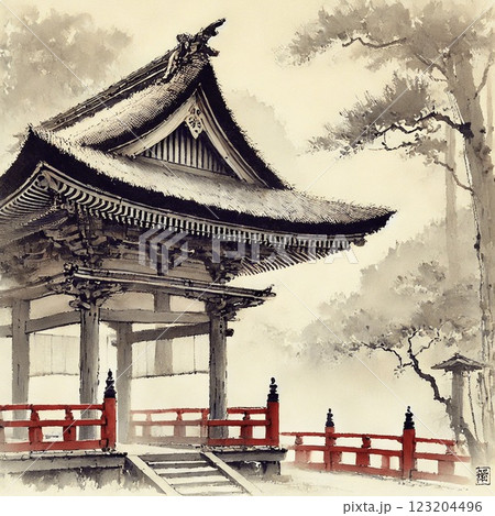 水墨画風に描かれた静寂の神社のイラスト素材 [123204496] - PIXTA
