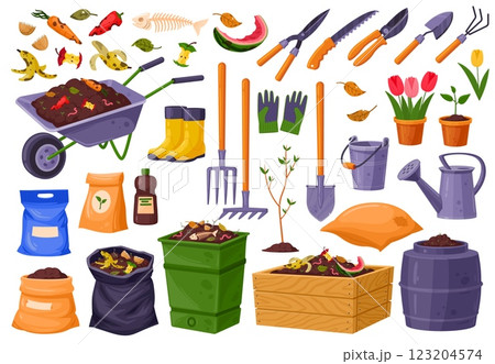 Garden composting. Organic fertilizer or food waste with soil in compost box bin and bag, garden tools wheelbarrow decomposition vegetables bio garbage, tidy vector illustration 123204574