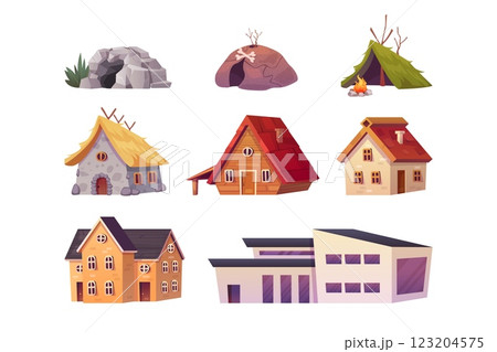 House evolution. Building architecture time progress prehistoric stone cave to modern cottage villa home historical age housing antique rural hut cartoon swanky vector illustration 123204575