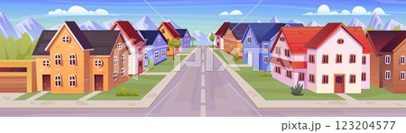 Suburban neighborhood. Cartoon american cottages street driverway road, suburb or urban district residential modern houses small village area community, swanky vector illustration Suburban neighborhood. Cartoon american cottages street driverway road, suburb or urban district residential modern houses small village area community, swanky vector illustration 123204577