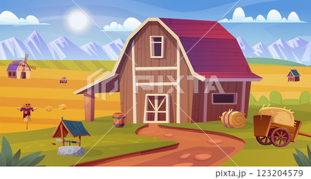 Cartoon barn landscape. Rural barns outside countryside scene, farm harvesting house farmland building with cultivated field pasture agriculture nature swanky vector illustration 123204579