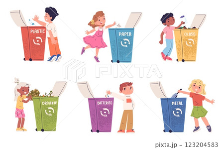 Children sorting garbage. Kids collect trash and throw out in rubbish recycling dustbins, separate litter child boy girl sort plastic paper organic waste classy vector illustration 123204583