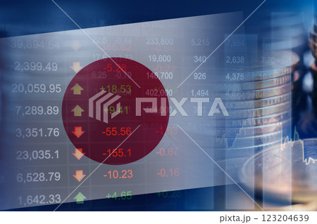 Japan flag with stock market finance, economy trend graph digital technology. 123204639