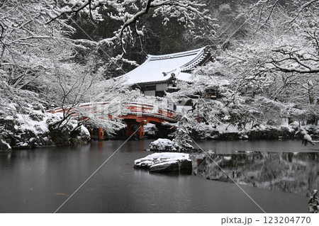 京都市の世界遺産醍醐寺 雪の弁天池と茶寮 123204770