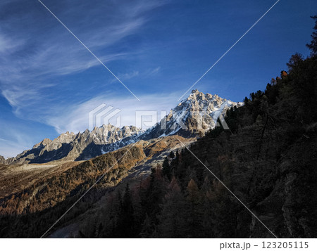 Majestic aiguille du midi Mont Blanc soaring above chamonix valley in autumn 123205115