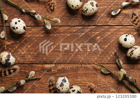 Frame of willow sprigs, quail eggs, feathers on warm wooden background. Place for your text. 123205380