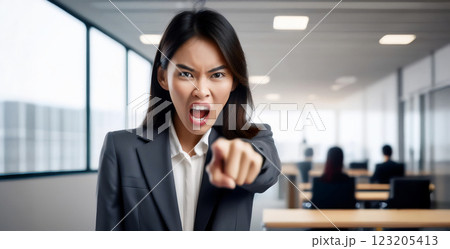 指をさしながら怒っている会社員の若い女性。パワハラ。パワーハラスメント。 123205413