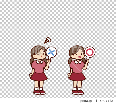 マルバツの札を持っている女の子のイラスト 123205418