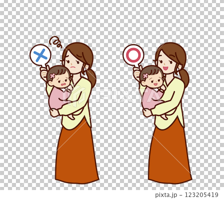 マルバツの札を持っているママのイラスト 123205419