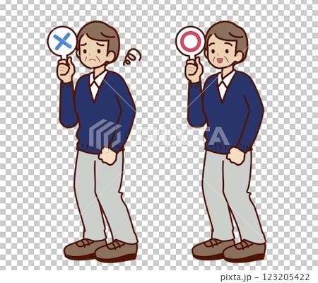 マルバツの札を持っている高齢男性のイラスト 123205422