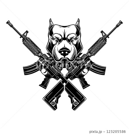 Angry dog head with crossed assault rifles. Design element for poster, emblem, sign. Vector illustration 123205586