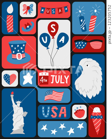 4th of July. USA Independence Day. Geometric pattern background with American flag, symbols on color grid blocks. Template for banner, card, poster. Vector flat illustration. 4th of July. USA Independence Day. Geometric pattern background with American flag, symbols on color grid blocks. Template for banner, card, poster. Vector flat illustration. 123205752