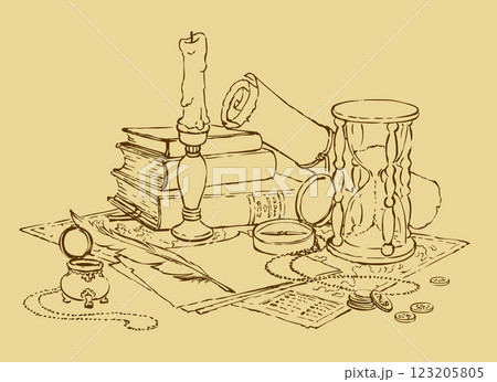 Vector still life of a compass, the hourglass, book, candle and pen with ink 123205805