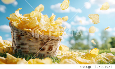 Crispy potato chips in woven basket with scattered chips on grass 123205921