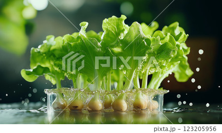 Fresh green lettuce growing in water, showcasing vibrant leaves and roots Fresh green lettuce growing in water, showcasing vibrant leaves and roots 123205956