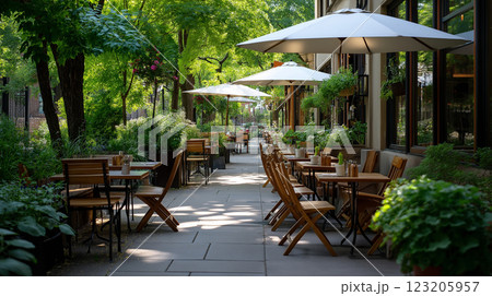 serene outdoor dining area with wooden tables and umbrellas surrounded by lush greenery serene outdoor dining area with wooden tables and umbrellas surrounded by lush greenery 123205957
