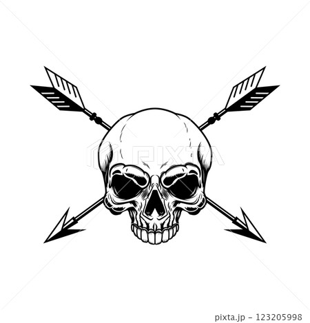 Skull with crossed arrows. Design element for poster, card, banner, emblem, sign. Vector illustration 123205998