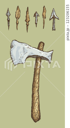 Series of vector illustrations of archaeological finds. Arrowheads and ax Series of vector illustrations of archaeological finds. Arrowheads and ax 123206155
