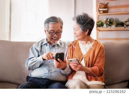ソファーに座ってスマホの画面を見ている老夫婦 123206162