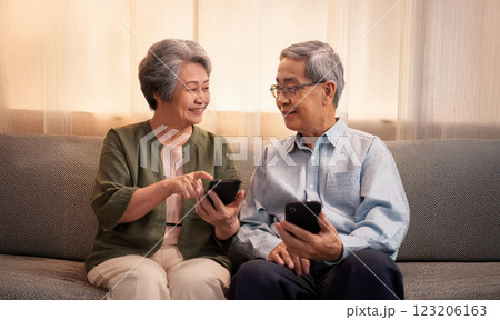ソファーに座ってスマホの画面を見ている老夫婦 123206163