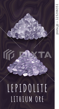 Vector drawing LEPIDOLITE. Hand drawn illustration. LITHIUM ORE. Lithium-containing mineral 123206351