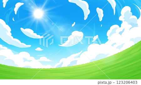 見上げた空と草原に太陽の光が差す背景イラスト_16:9 見上げた空と草原に太陽の光が差す背景イラスト_16:9 123206403