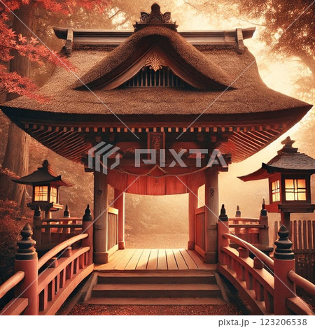 神秘の門 – 夕霧に包まれた幻想的な神社 123206538