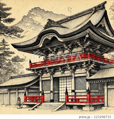 水墨画風の荘厳な神社建築 水墨画風の荘厳な神社建築 123206715