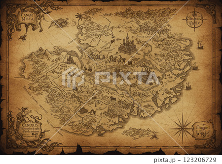 海に囲まれた王国を描いた古い地図 123206729