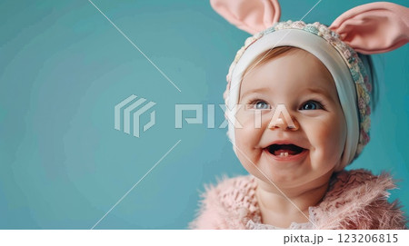 A cute baby girl is smiling while she wears adorable bunny ears and a headband. AI-generated content. 123206815