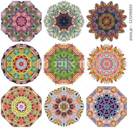 Set of colorful cute Mandalas. Decorative unusual round ornaments. Set of colorful cute Mandalas. Decorative unusual round ornaments. 123206920