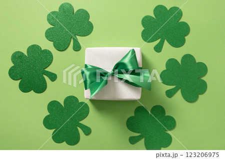 St Patricks day and March 17 concept with gift and clover leaves on green background. View from above. St Patricks day and March 17 concept with gift and clover leaves on green background. View from above. 123206975