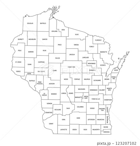 State of Wisconsin subdivided into 72 counties, outline map. A state in the Great Lakes region of the Upper Midwest of the United States, nicknamed Badger State. Map with boundaries and county names. 123207102