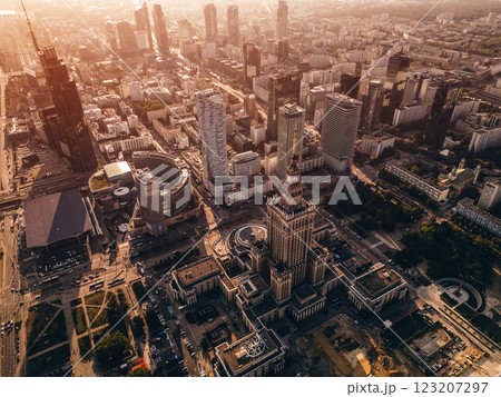 downtown of big capital city with skyscraper towers and modern tall office buildings, skyline and contemporary architecture of financial district, Warsaw, Poland, aerial top view  123207297