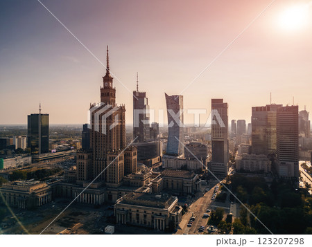 downtown of big capital city with skyscraper towers and modern tall office buildings, skyline and contemporary architecture of financial district, Warsaw, Poland, aerial top view  123207298