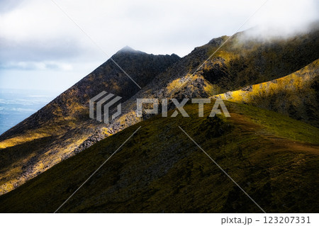 the Carrauntoohil walkway, Ireland's highest peak, surrounded by dramatic landscapes and rolling hills under a moody sky. the Carrauntoohil walkway, Ireland's highest peak, surrounded by dramatic landscapes and rolling hills under a moody sky. 123207331