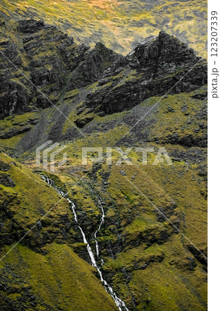The Carrauntoohil walkway in Ireland, stunning landscape of lush hills and flowing streams beneath dramatic mountain peaks. The Carrauntoohil walkway in Ireland, stunning landscape of lush hills and flowing streams beneath dramatic mountain peaks. 123207339