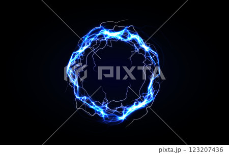Glowing blue electric ring with lightning energy. Futuristic plasma aura with neon sparks. Vector illustration 123207436
