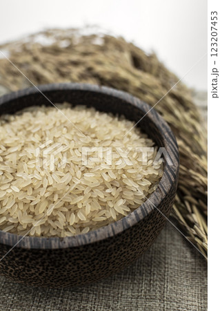 asian parboiled rice grains in rustic setting display in Cambodia 123207453