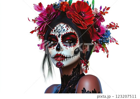 Day of the Dead. Close-up portrait of a beautiful woman with sugar skull makeup. 123207511